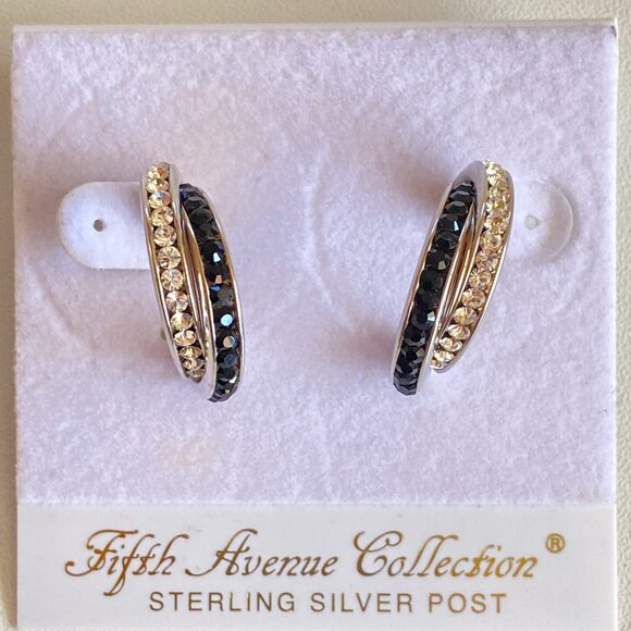 FAC NWT Black & Clear Crystal Silver Tone Hoop Earrings - Picture 2 of 8